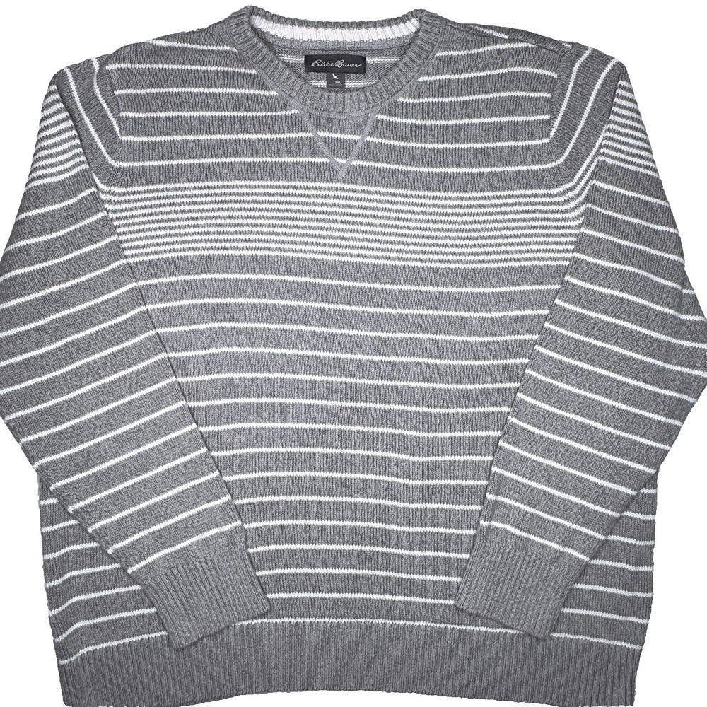 Eddie Bauer Sweater Mens 2XL Gray Striped 100% Cotton Crew Neck Casual Pullover